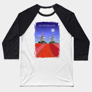 The Netherlands Vintage Minimal Retro Windmills Tulips Travel Poster Baseball T-Shirt